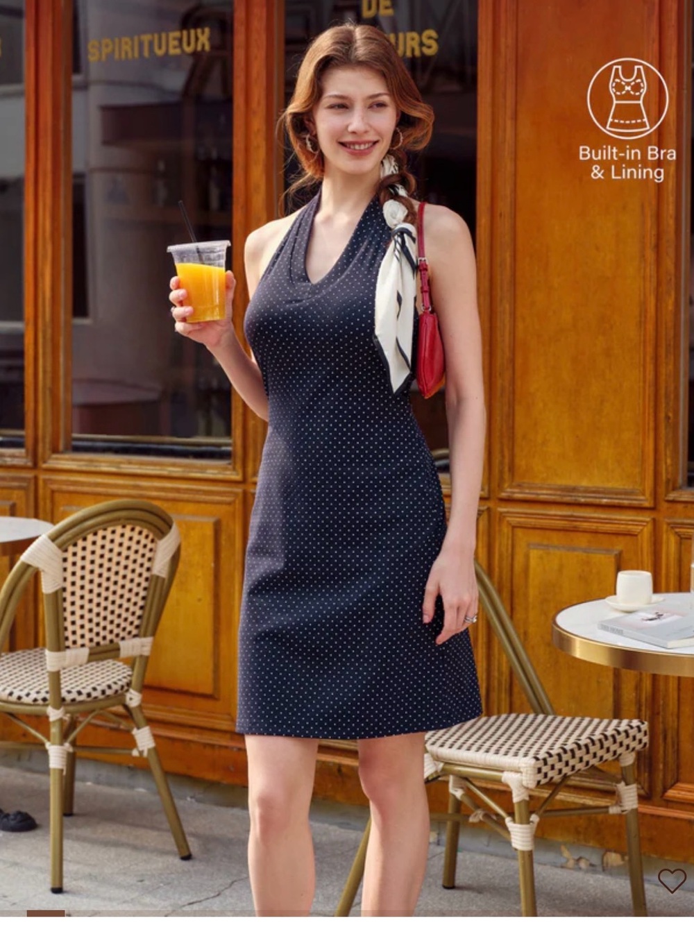 OGL Brami Sleeveless Navy Blue Polka Dot Halter Dress with Built-In Bra